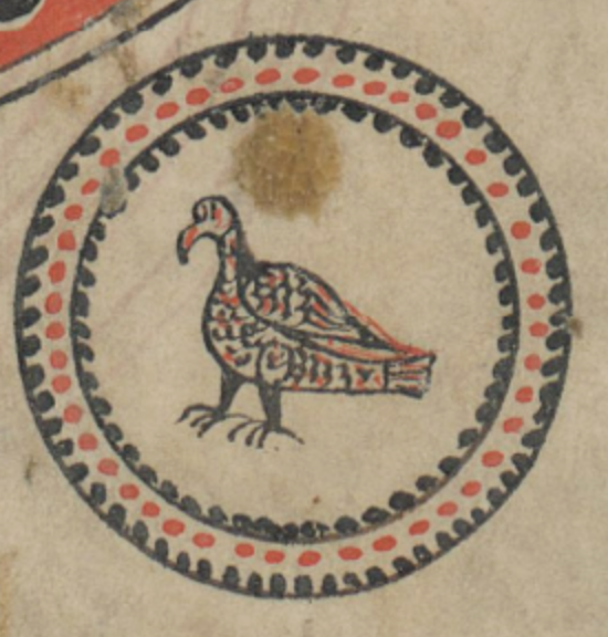 Medieval pen and ink drawing of a bird set within a roundel which is ornamented with spots.